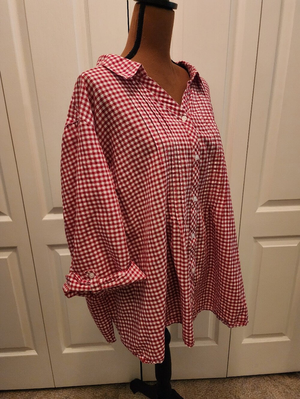 Red Gingham 100% Cotton Pintucked Front Babydoll Cuff Sleeve Button-Down Shirt
